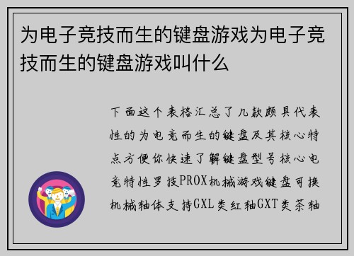 为电子竞技而生的键盘游戏为电子竞技而生的键盘游戏叫什么